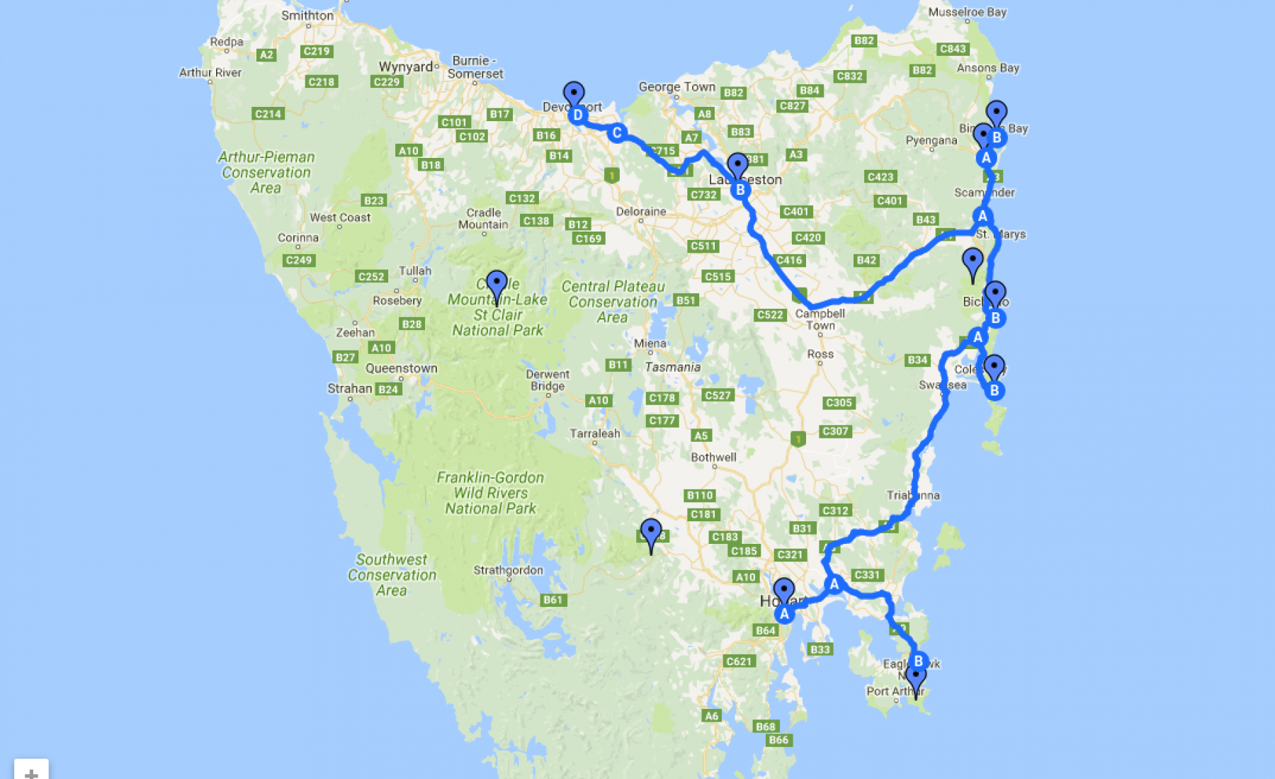 Reiseroute Tasmanien